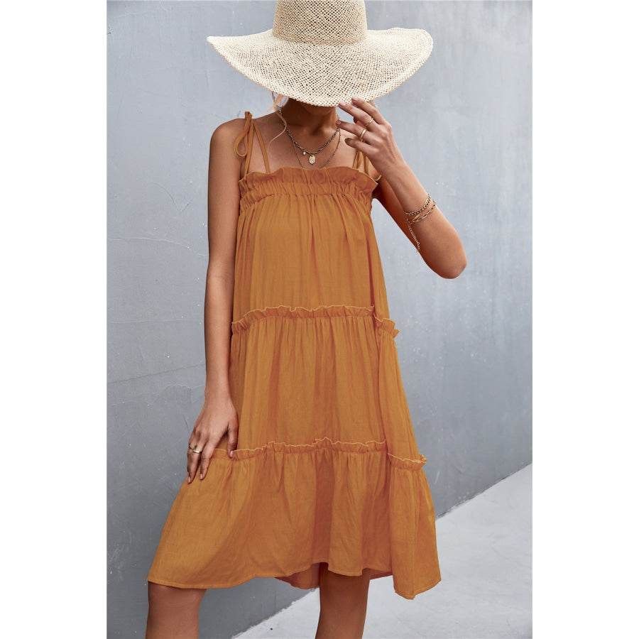 Tie-Shoulder Frill Trim Sleeveless Dress Caramel / S