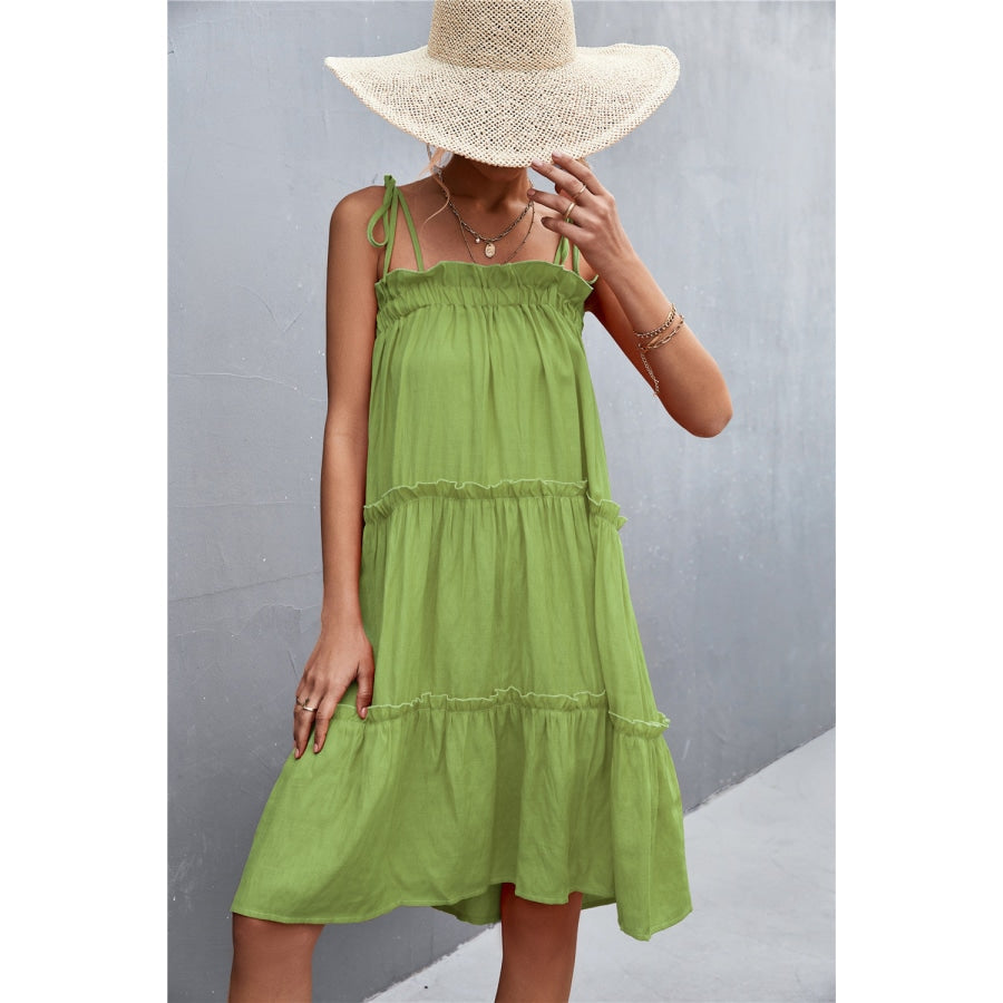 Tie-Shoulder Frill Trim Sleeveless Dress Lime / S