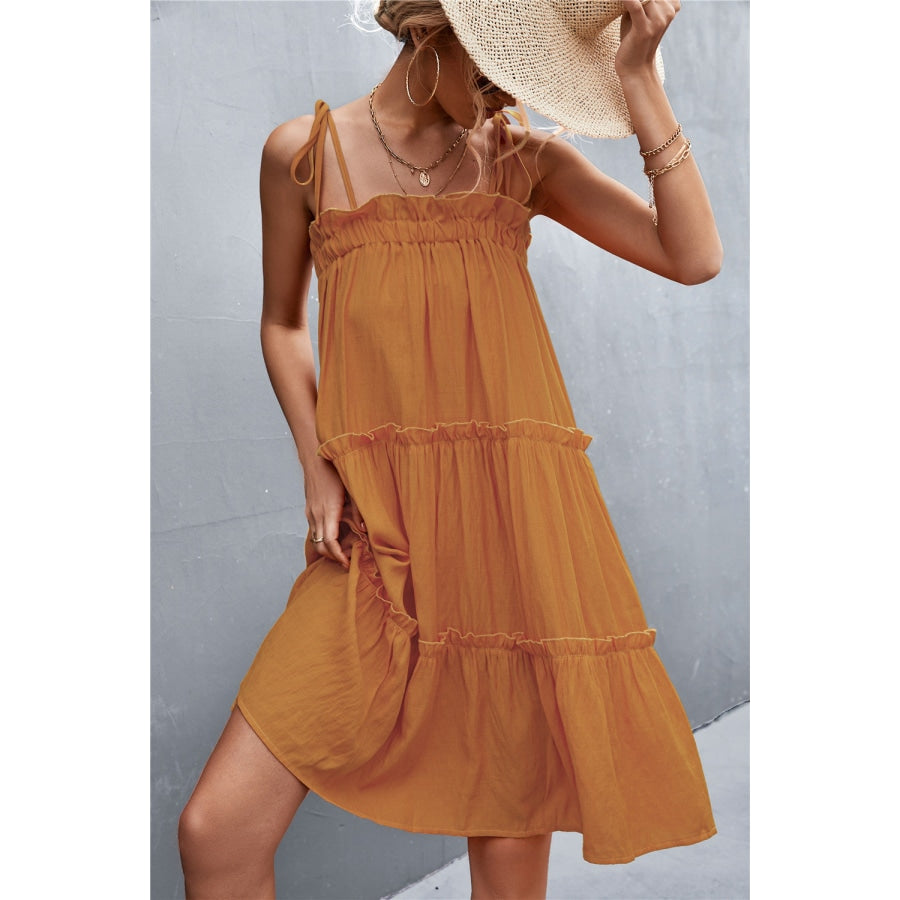 Tie-Shoulder Frill Trim Sleeveless Dress