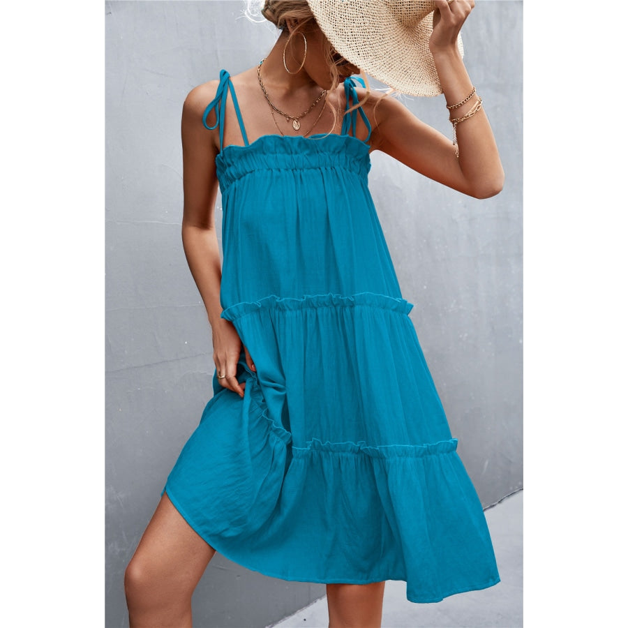 Tie-Shoulder Frill Trim Sleeveless Dress