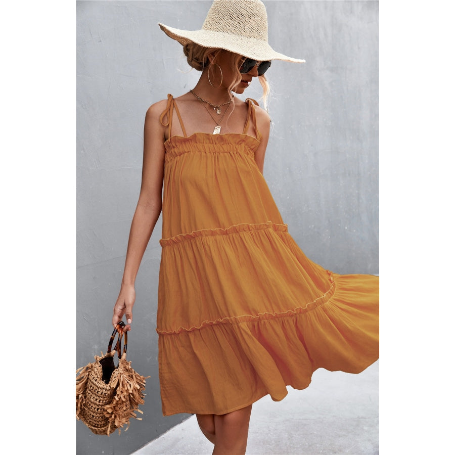 Tie-Shoulder Frill Trim Sleeveless Dress