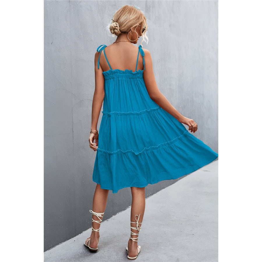 Tie-Shoulder Frill Trim Sleeveless Dress