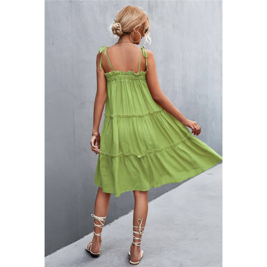 Tie-Shoulder Frill Trim Sleeveless Dress