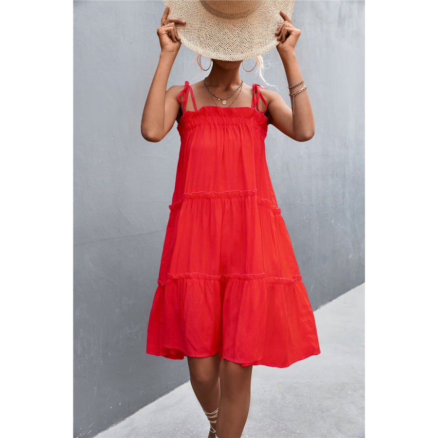 Tie-Shoulder Frill Trim Sleeveless Dress