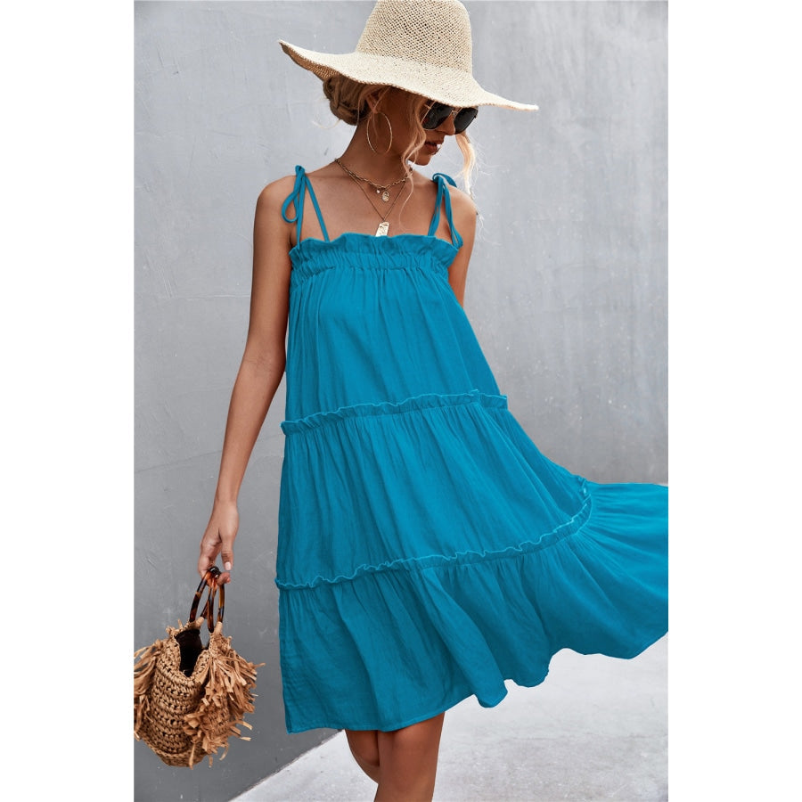 Tie-Shoulder Frill Trim Sleeveless Dress