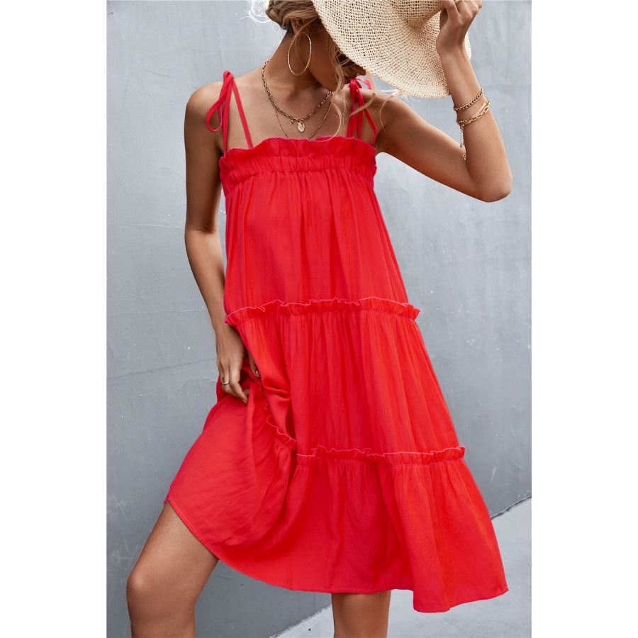 Tie-Shoulder Frill Trim Sleeveless Dress