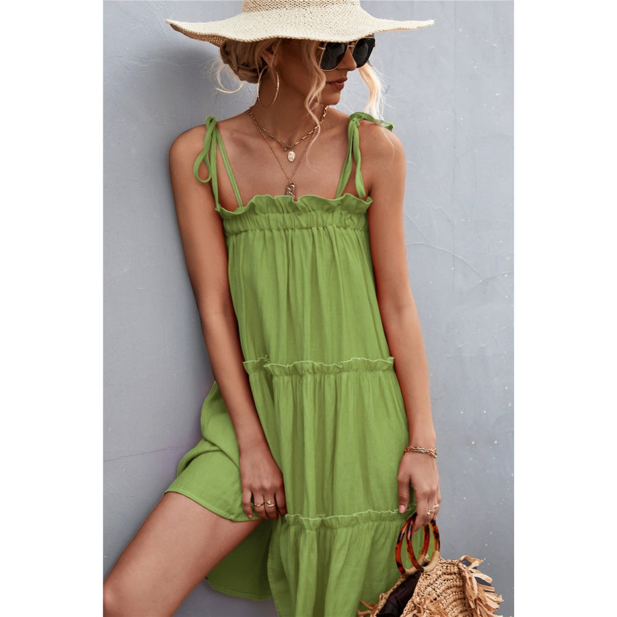 Tie-Shoulder Frill Trim Sleeveless Dress