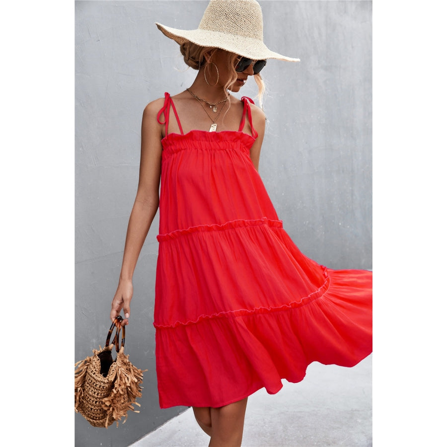 Tie-Shoulder Frill Trim Sleeveless Dress