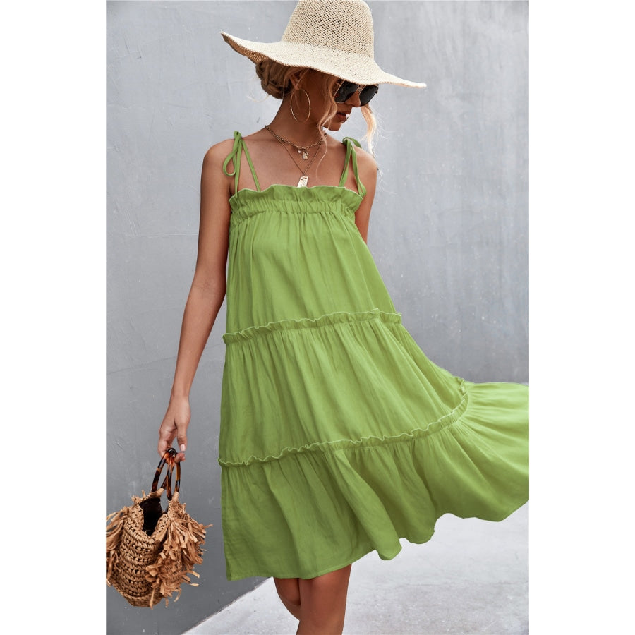 Tie-Shoulder Frill Trim Sleeveless Dress