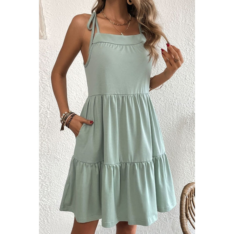 Tie-Shoulder Tiered Dress with Pockets Light Green / S