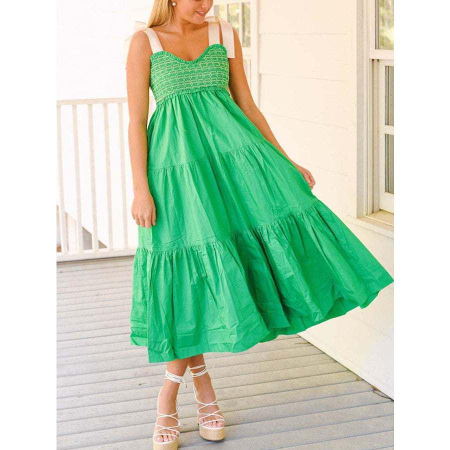 Tie Shoulder Tiered Midi Dress Apparel and Accessories