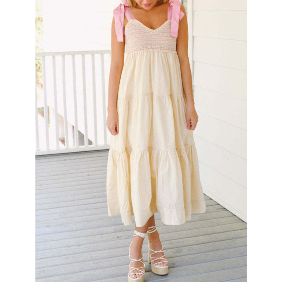 Tie Shoulder Tiered Midi Dress Apparel and Accessories