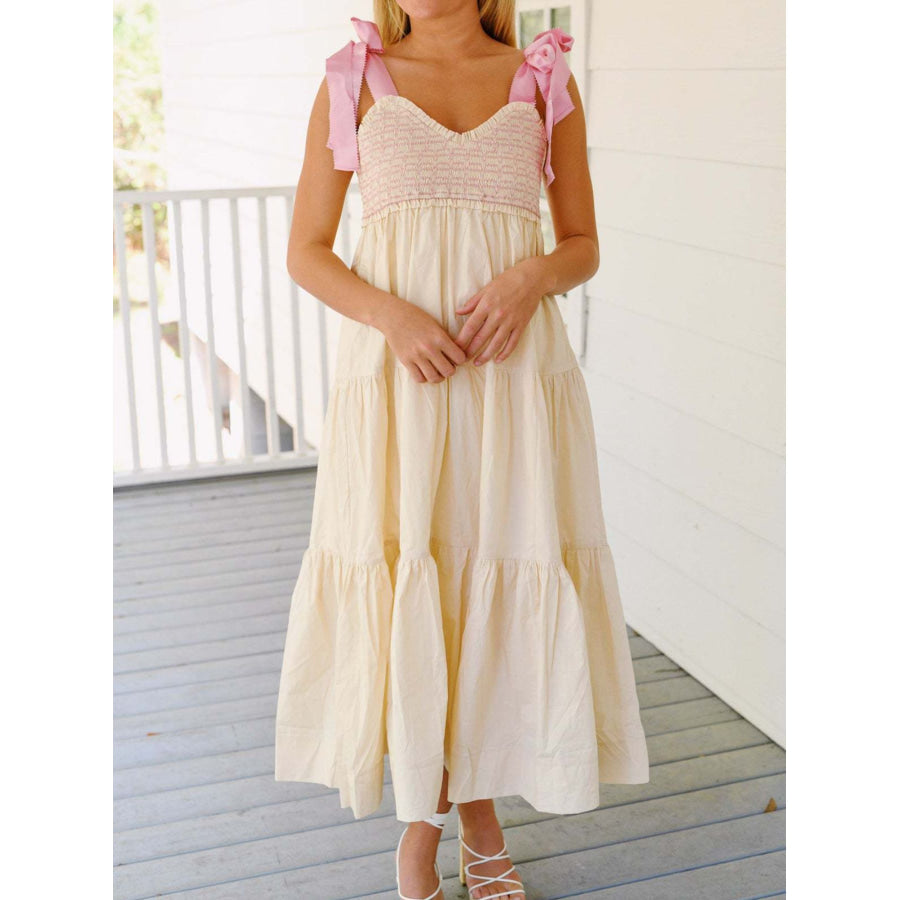 Tie Shoulder Tiered Midi Dress Cream / S Apparel and Accessories
