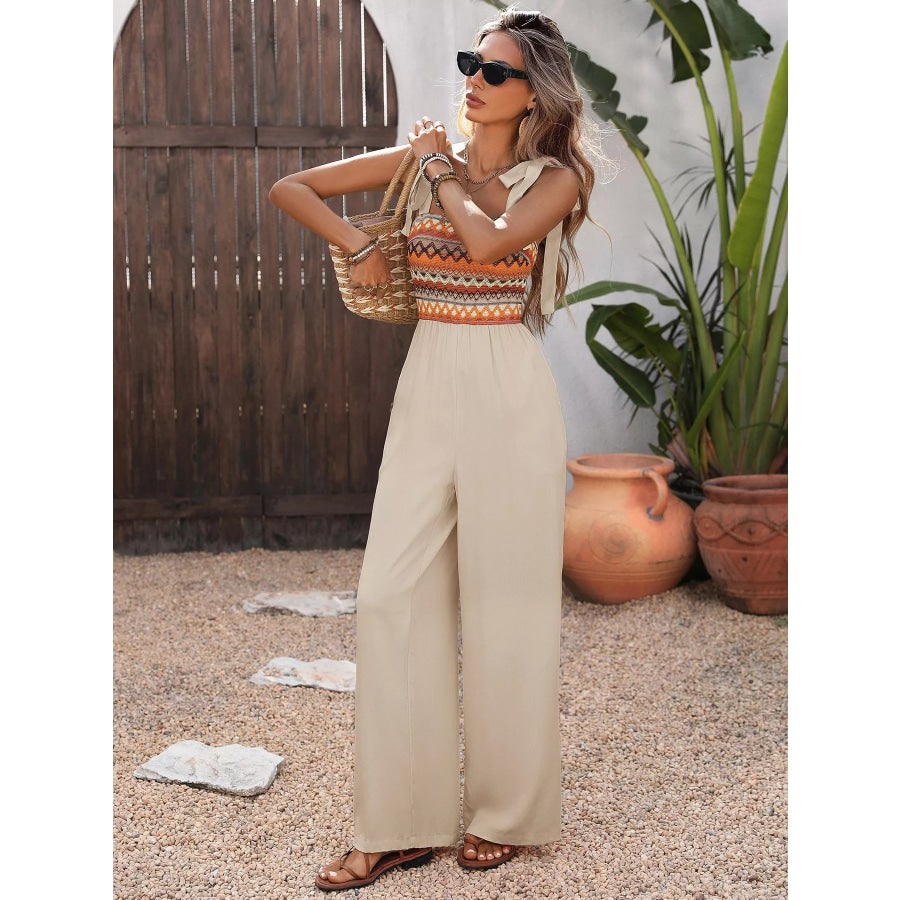 Tie Shoulder Wide Leg Jumpsuit Apricot / S Apparel and Accessories
