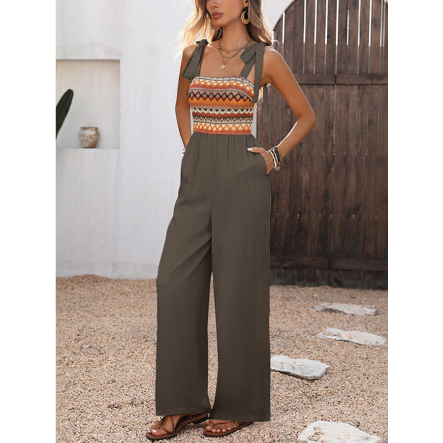 Tie Shoulder Wide Leg Jumpsuit Coffee Brown / S Apparel and Accessories