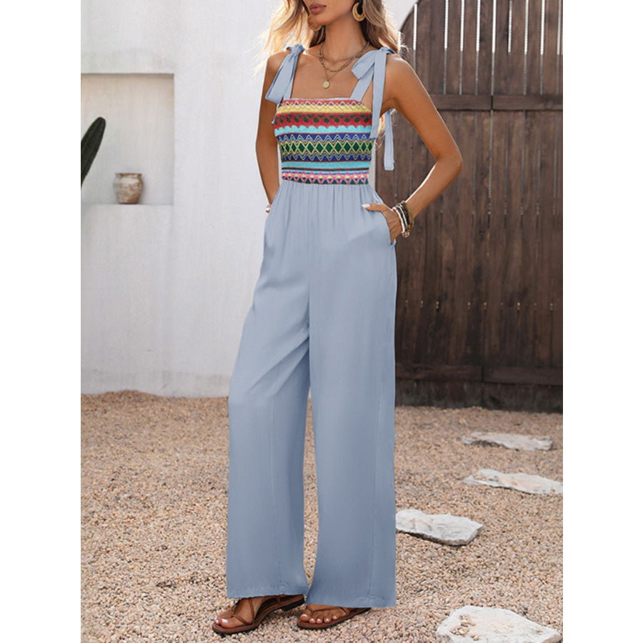 Tie Shoulder Wide Leg Jumpsuit Light Blue / S Apparel and Accessories