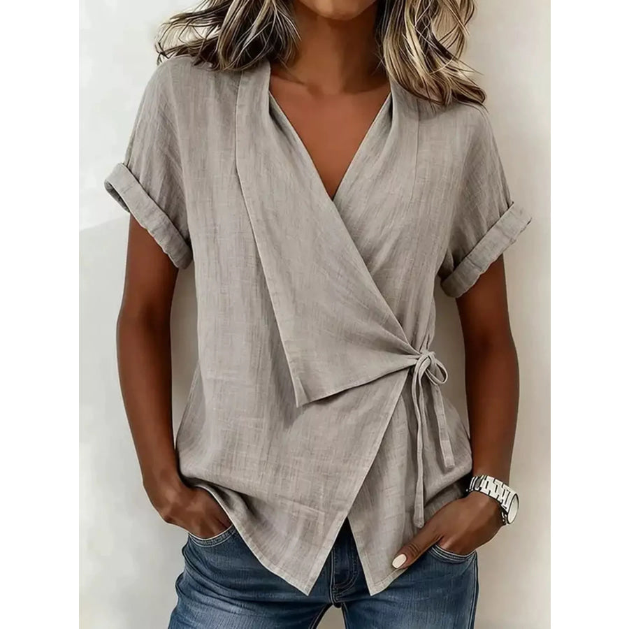 Tie-Side Detail Wrap Top Gray / S Apparel and Accessories