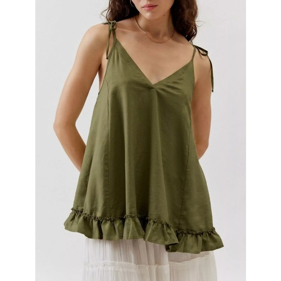 Tie-Strap Ruffle Hem Cami Army Green / S Apparel and Accessories