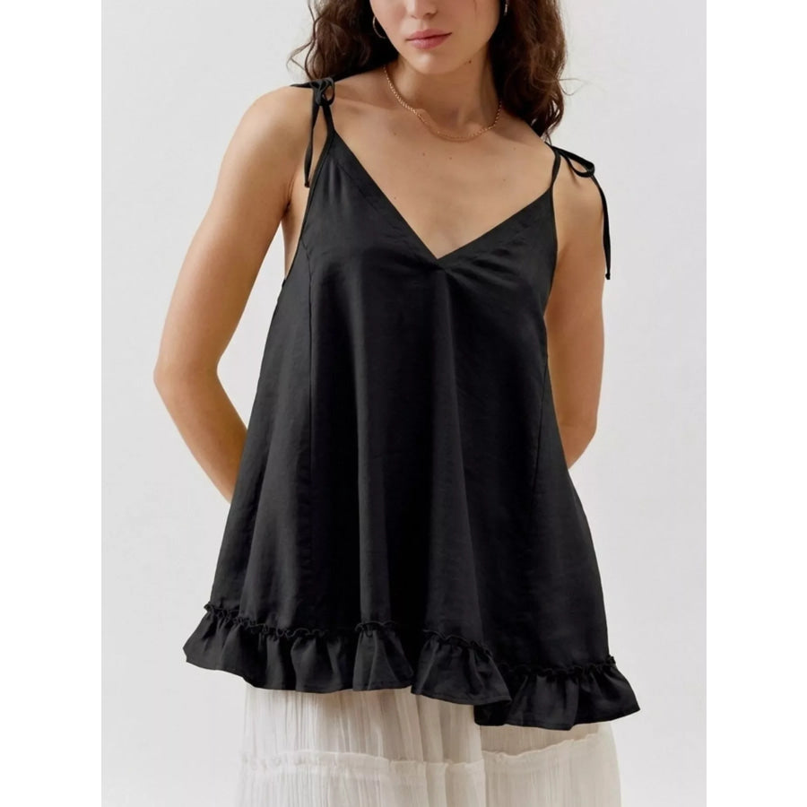 Tie-Strap Ruffle Hem Cami Black / S Apparel and Accessories