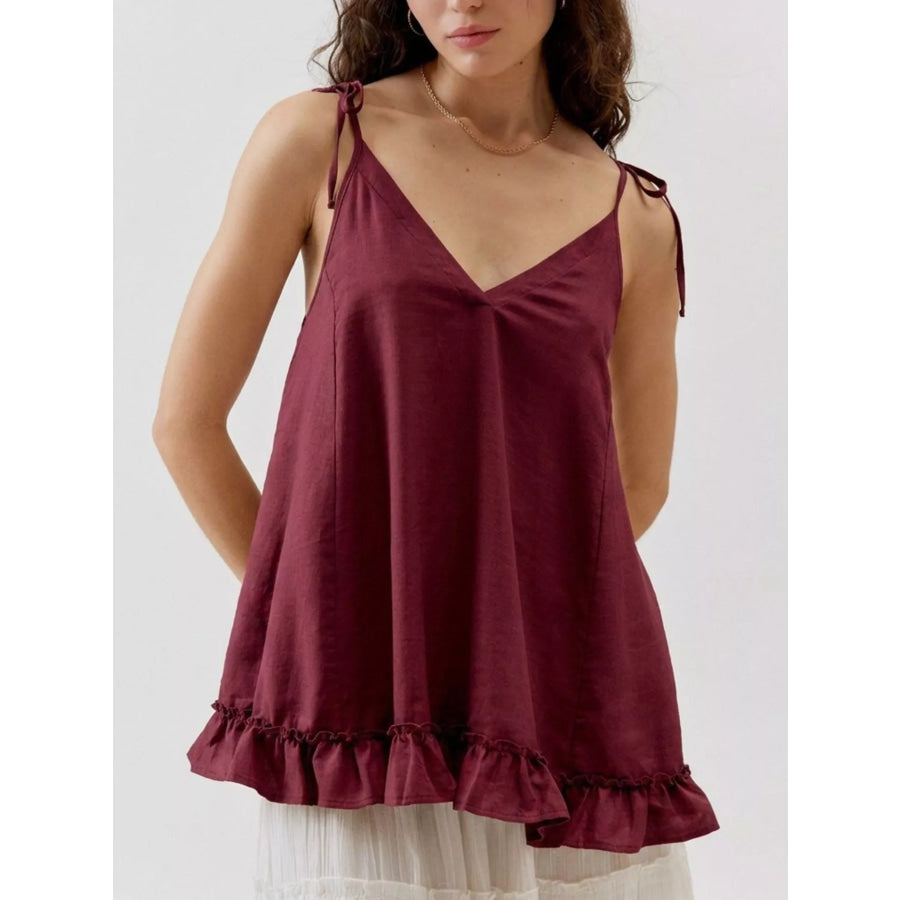 Tie-Strap Ruffle Hem Cami Burgundy / S Apparel and Accessories