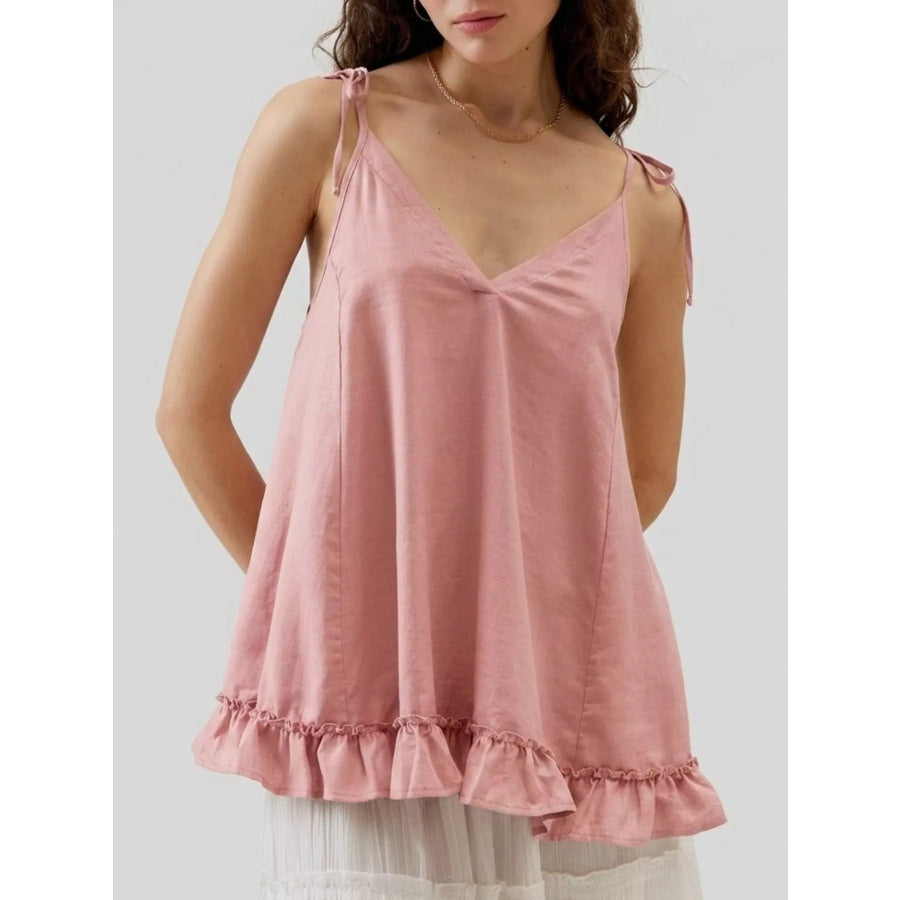 Tie-Strap Ruffle Hem Cami Pink / S Apparel and Accessories