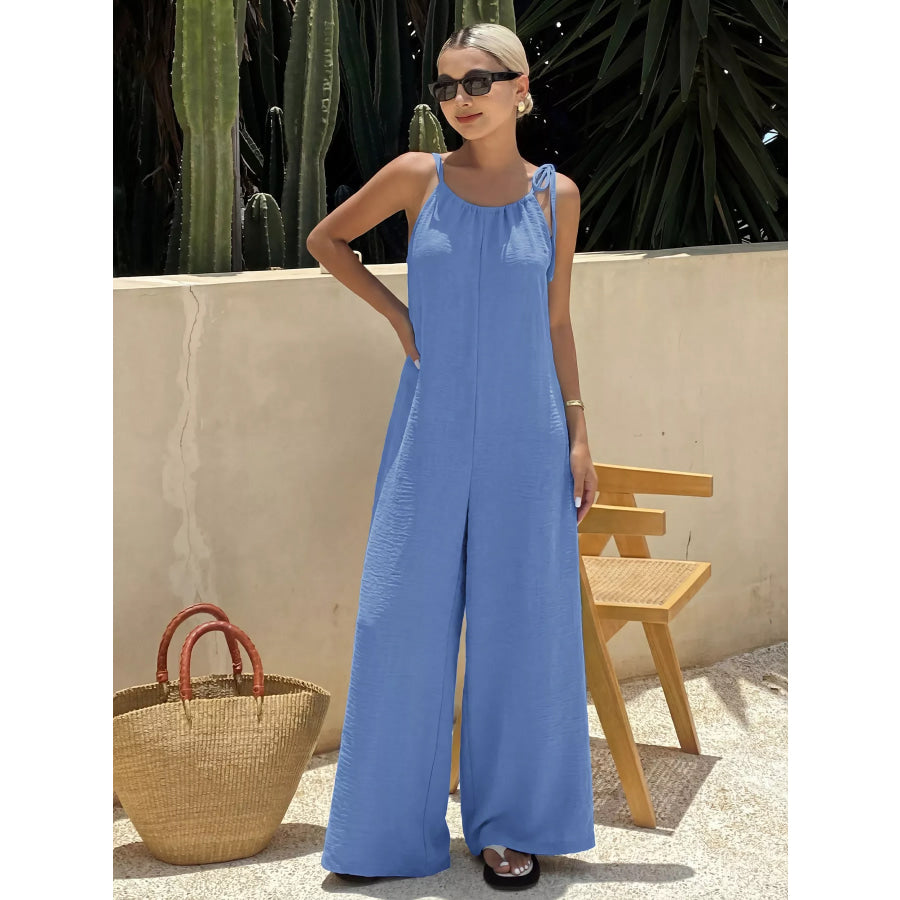 Tie Strap Wide Leg Casual Jumpsuit Blue / S Apparel and Accessories