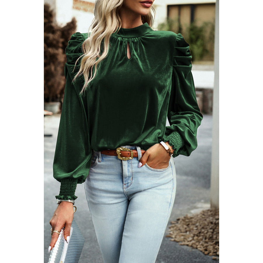 Tie Up Mock Neck Velvet Fabric Long Sleeve Blouse Apparel and Accessories