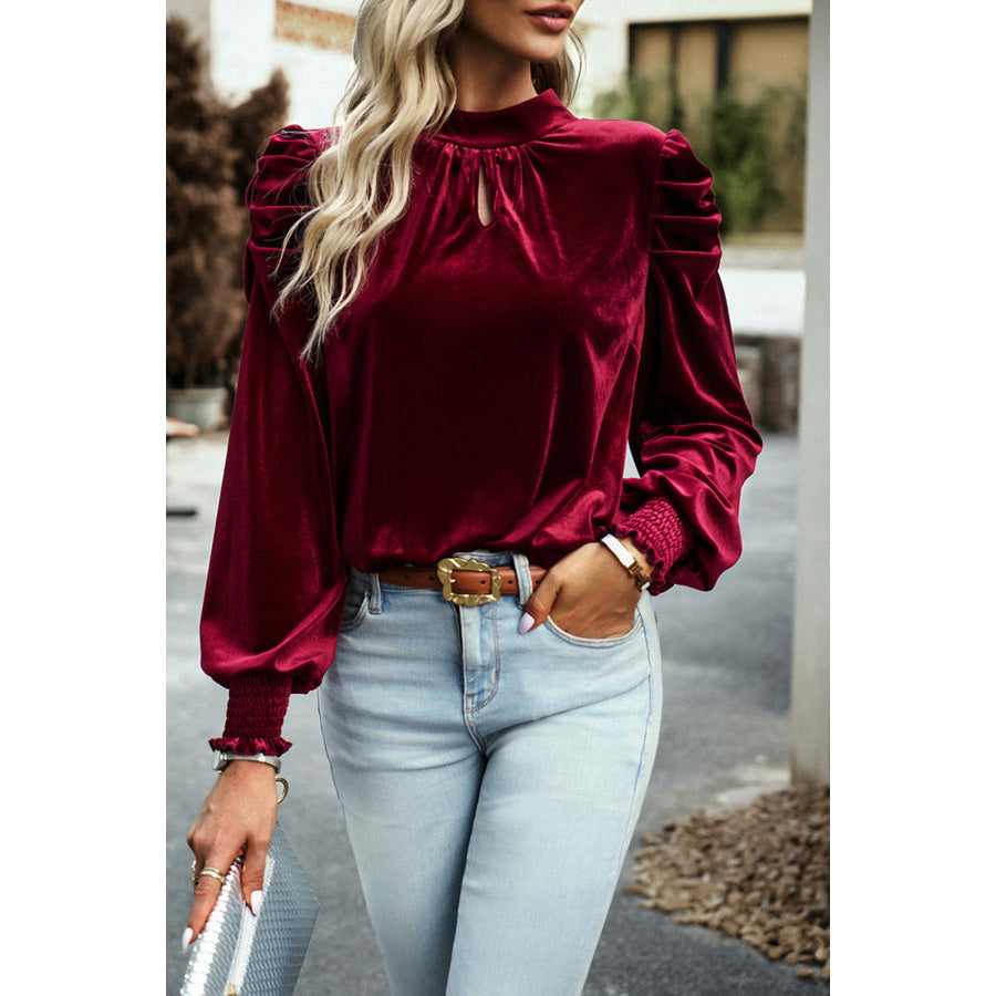 Tie Up Mock Neck Velvet Fabric Long Sleeve Blouse Apparel and Accessories