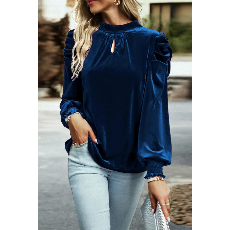 Tie Up Mock Neck Velvet Fabric Long Sleeve Blouse Apparel and Accessories