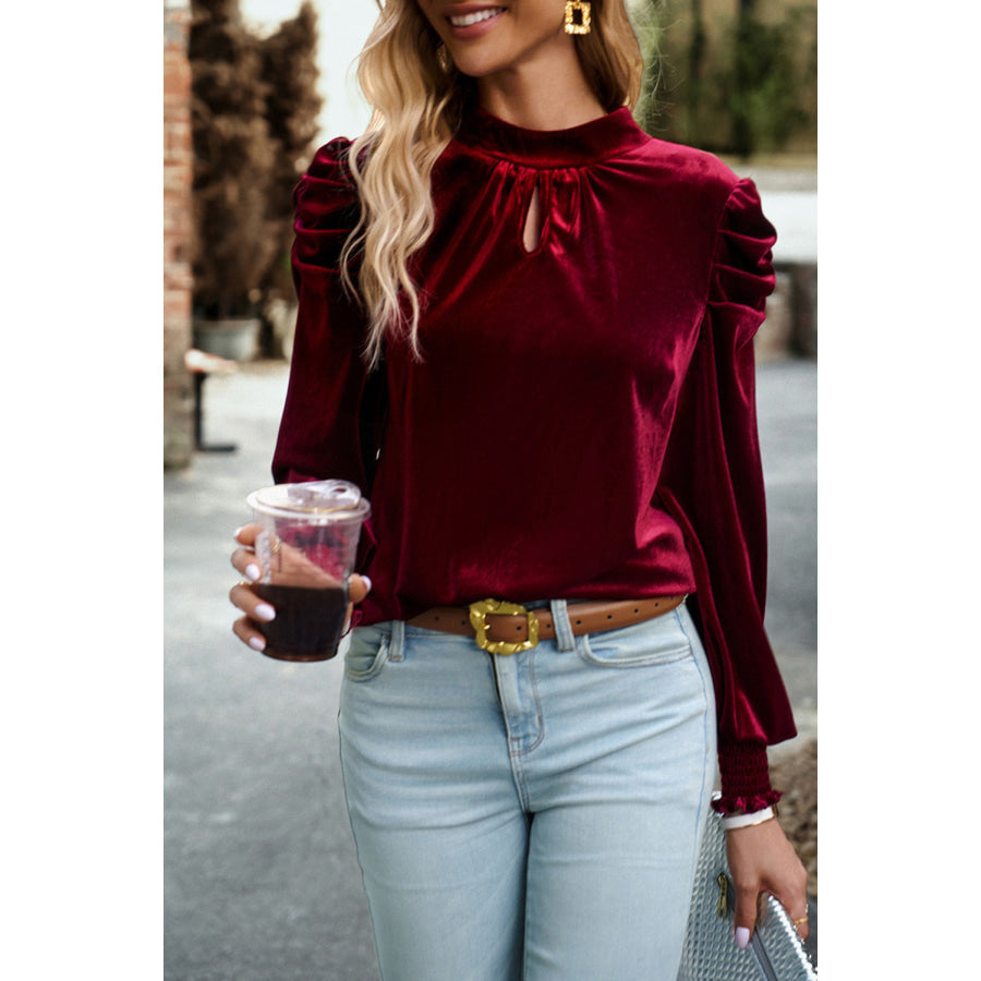 Tie Up Mock Neck Velvet Fabric Long Sleeve Blouse Apparel and Accessories