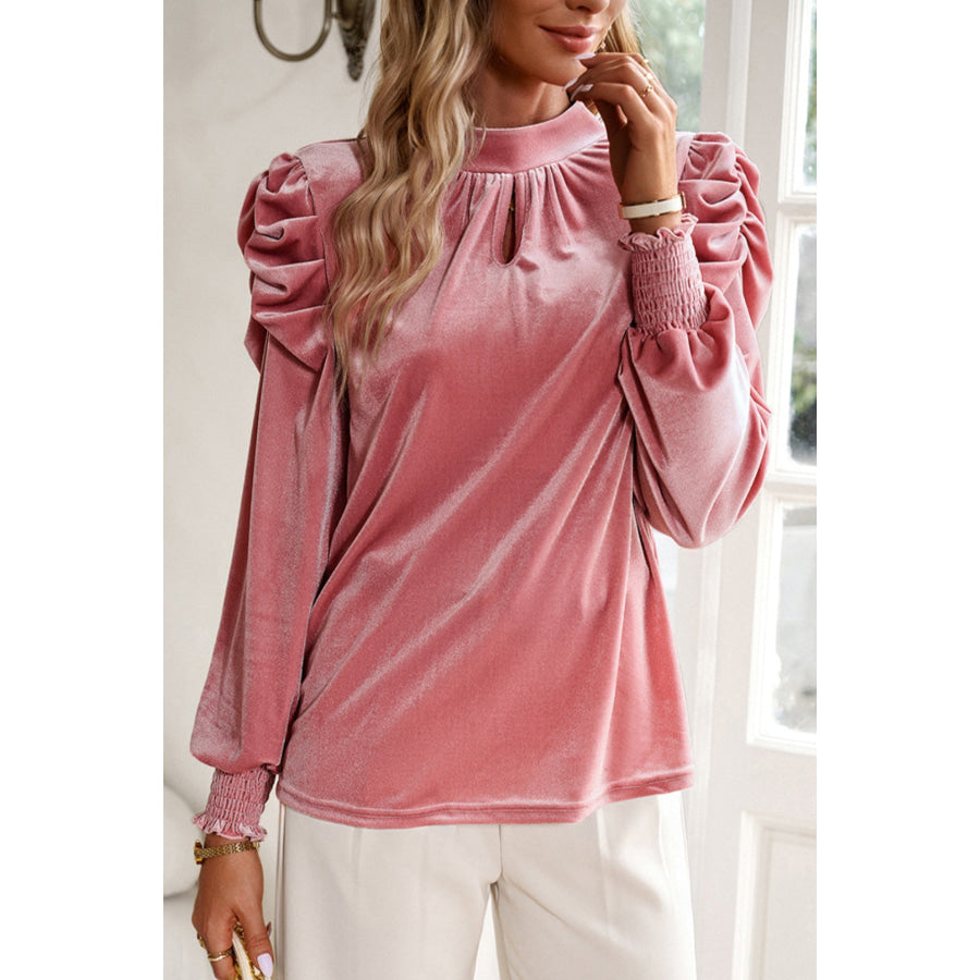 Tie Up Mock Neck Velvet Fabric Long Sleeve Blouse Apparel and Accessories