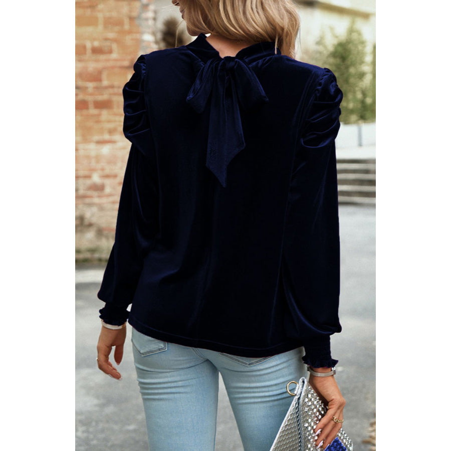 Tie Up Mock Neck Velvet Fabric Long Sleeve Blouse Apparel and Accessories