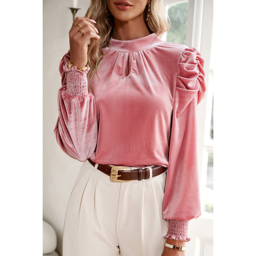 Tie Up Mock Neck Velvet Fabric Long Sleeve Blouse Apparel and Accessories