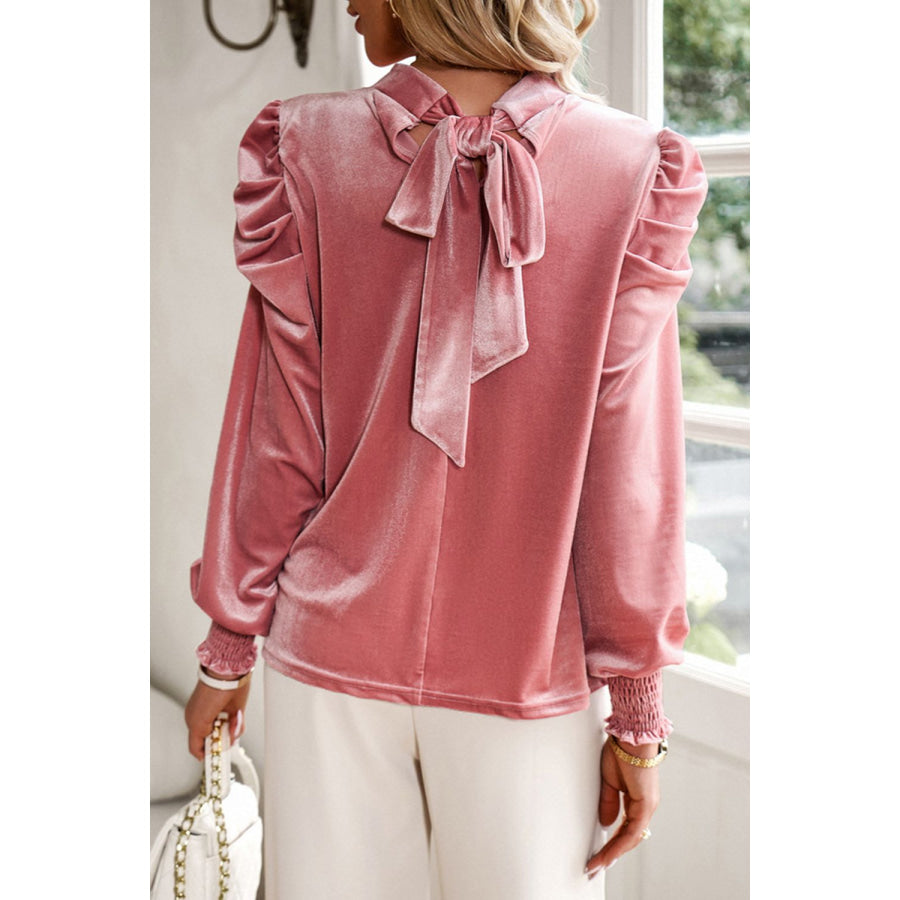 Tie Up Mock Neck Velvet Fabric Long Sleeve Blouse Apparel and Accessories