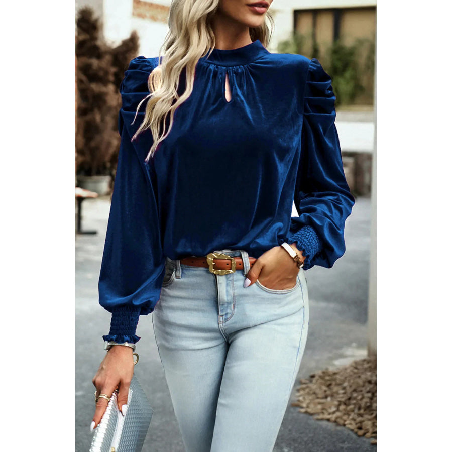 Tie Up Mock Neck Velvet Fabric Long Sleeve Blouse Apparel and Accessories