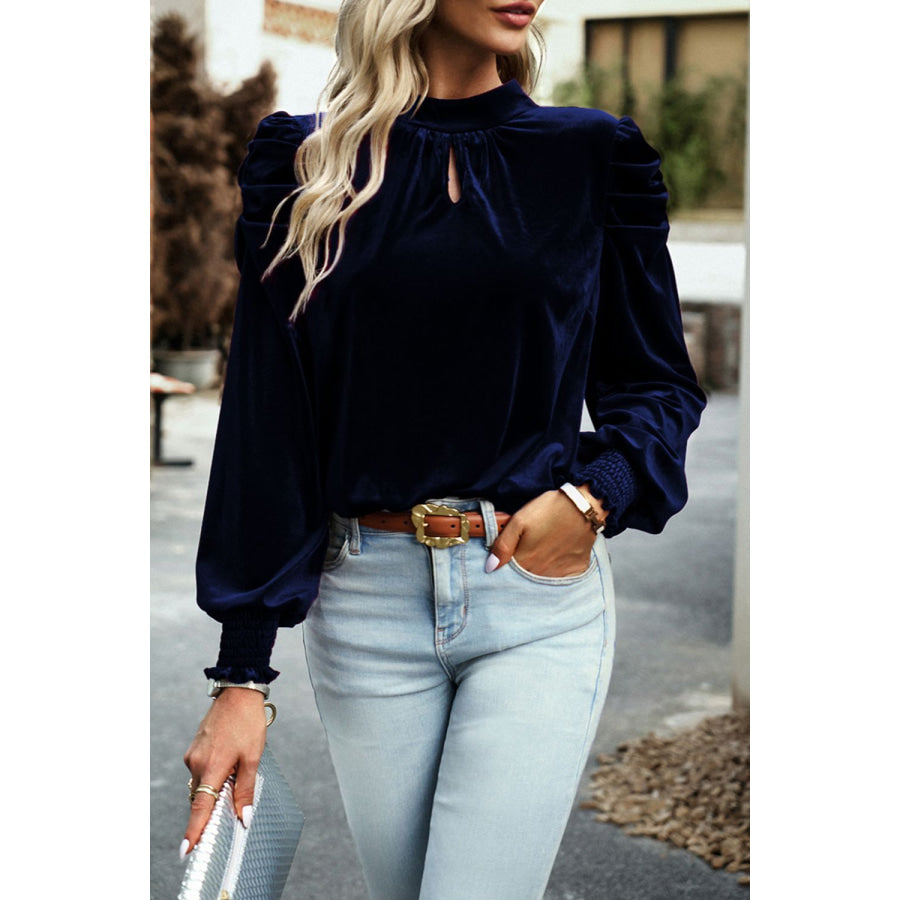 Tie Up Mock Neck Velvet Fabric Long Sleeve Blouse Apparel and Accessories