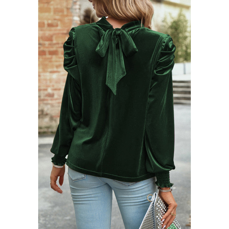 Tie Up Mock Neck Velvet Fabric Long Sleeve Blouse Apparel and Accessories