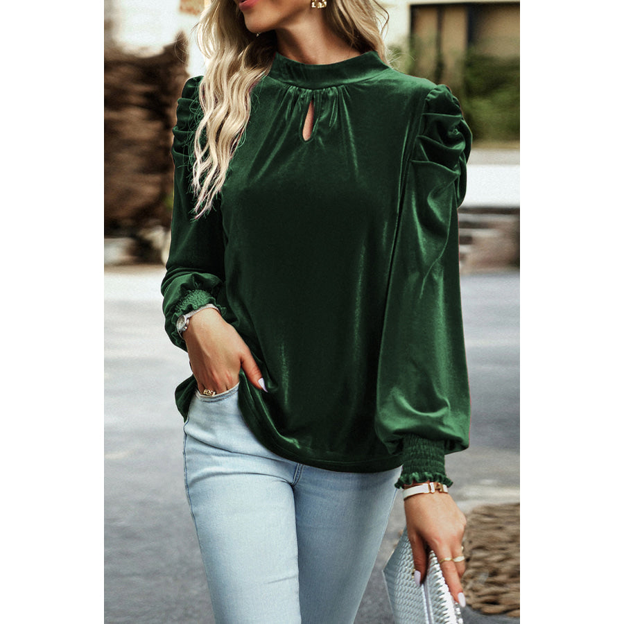 Tie Up Mock Neck Velvet Fabric Long Sleeve Blouse Apparel and Accessories