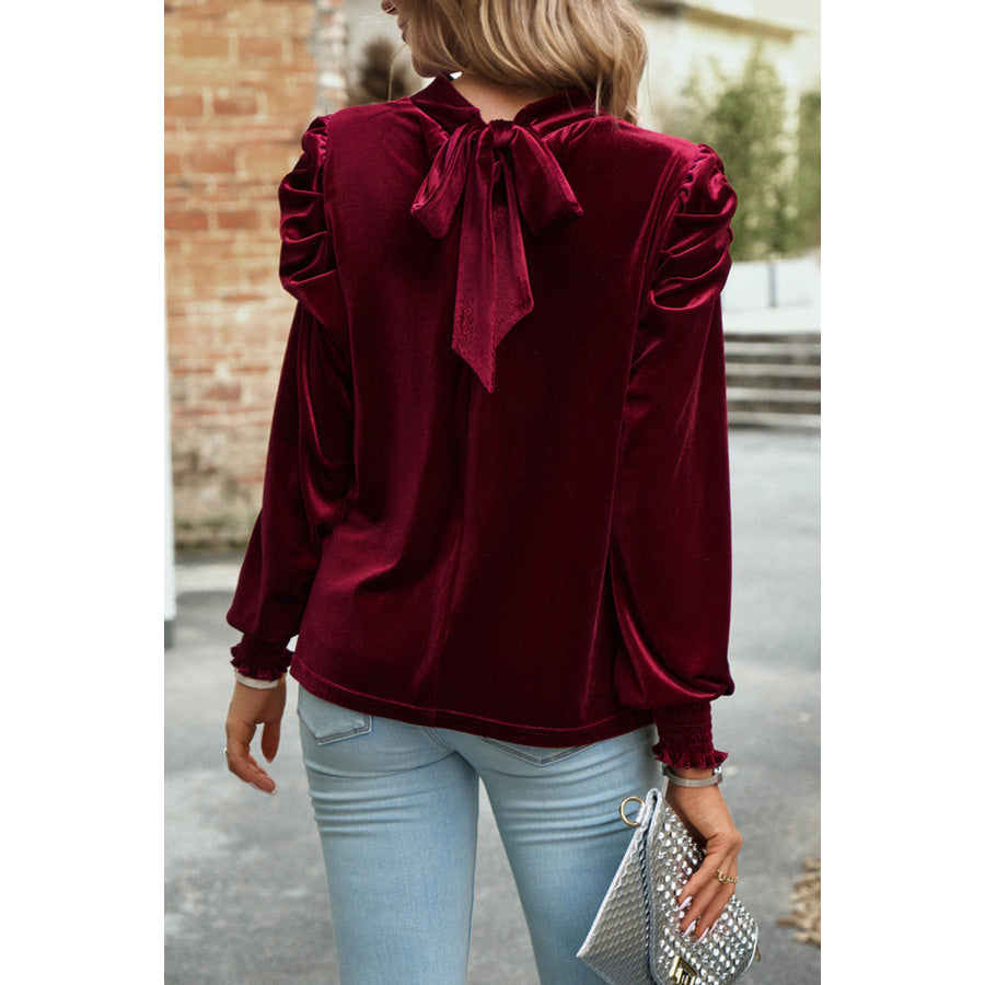 Tie Up Mock Neck Velvet Fabric Long Sleeve Blouse Apparel and Accessories