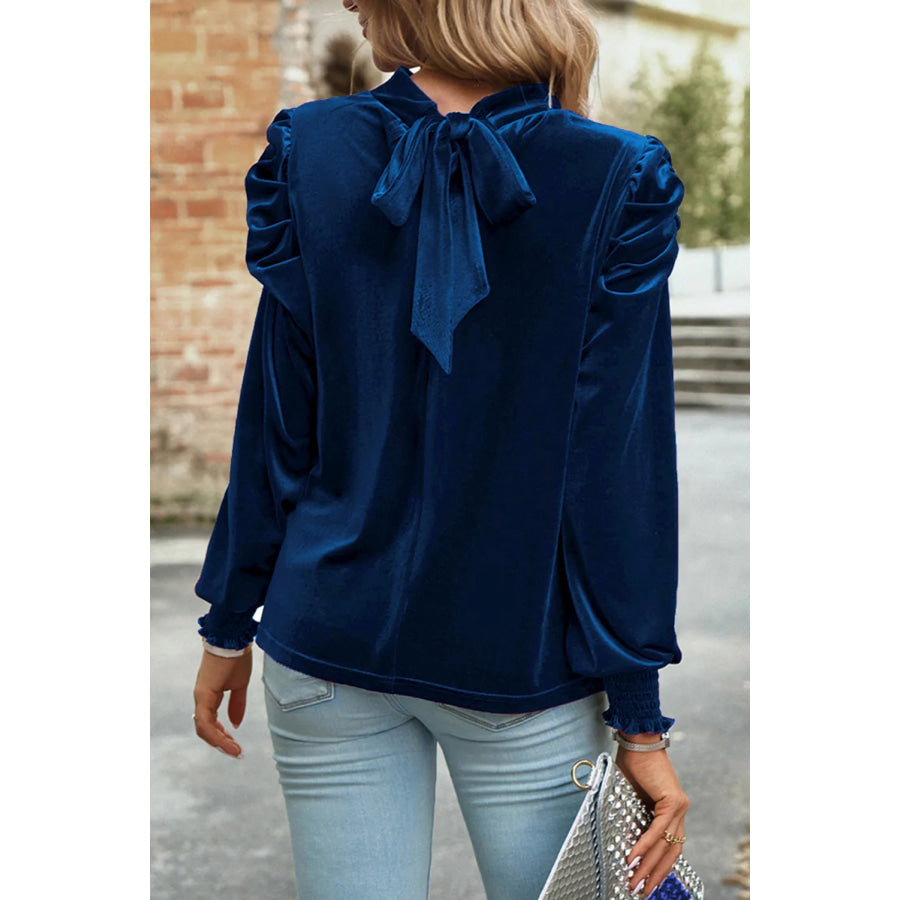 Tie Up Mock Neck Velvet Fabric Long Sleeve Blouse Apparel and Accessories