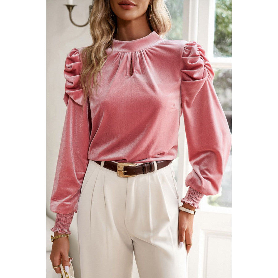 Tie Up Mock Neck Velvet Fabric Long Sleeve Blouse Apparel and Accessories