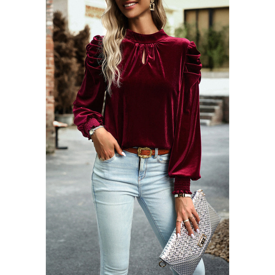 Tie Up Mock Neck Velvet Fabric Long Sleeve Blouse Burgundy / S Apparel and Accessories