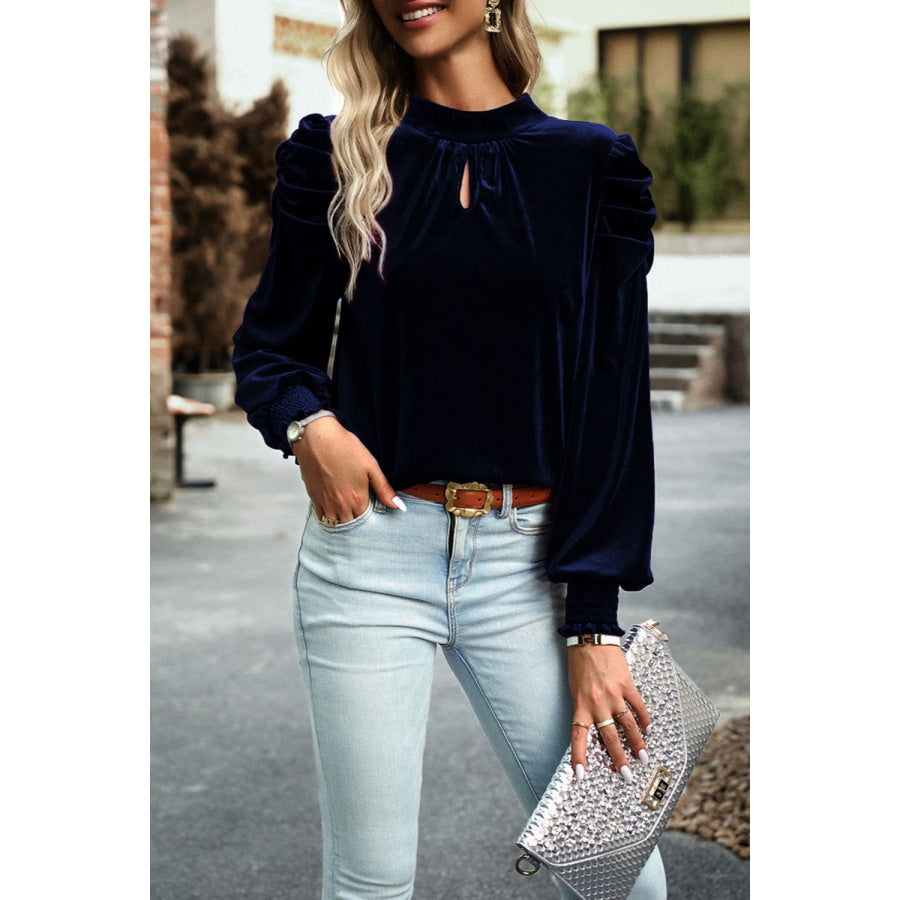 Tie Up Mock Neck Velvet Fabric Long Sleeve Blouse Dark Blue / S Apparel and Accessories