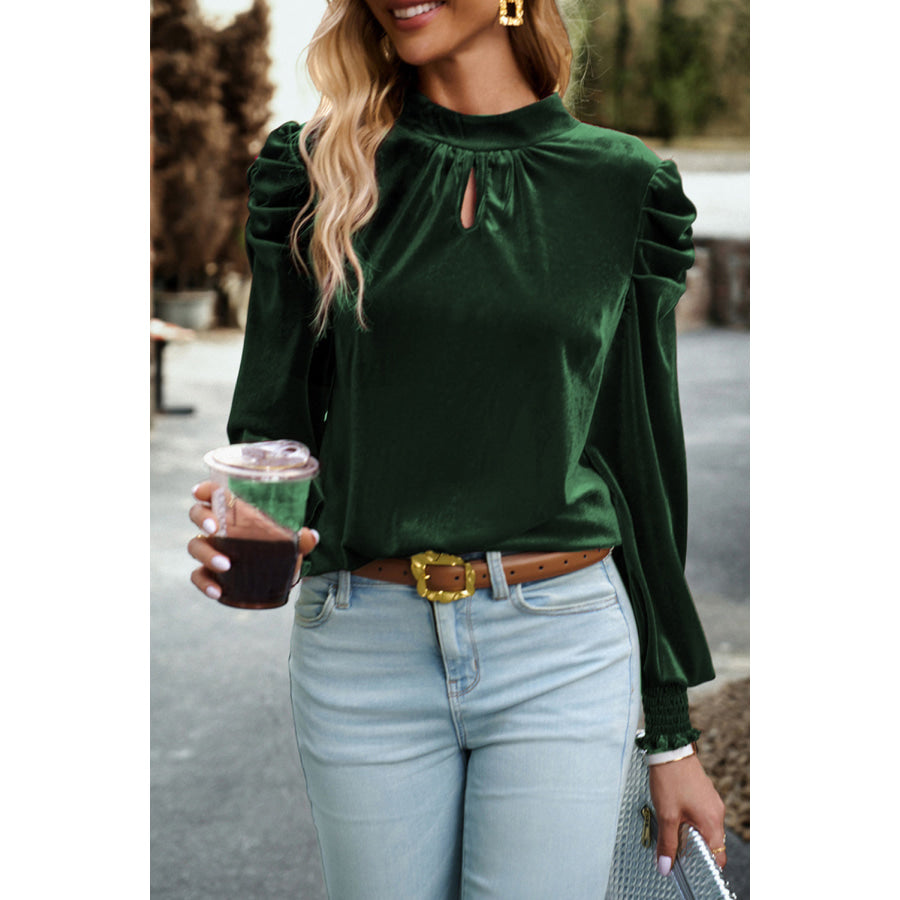 Tie Up Mock Neck Velvet Fabric Long Sleeve Blouse Dark Green / S Apparel and Accessories