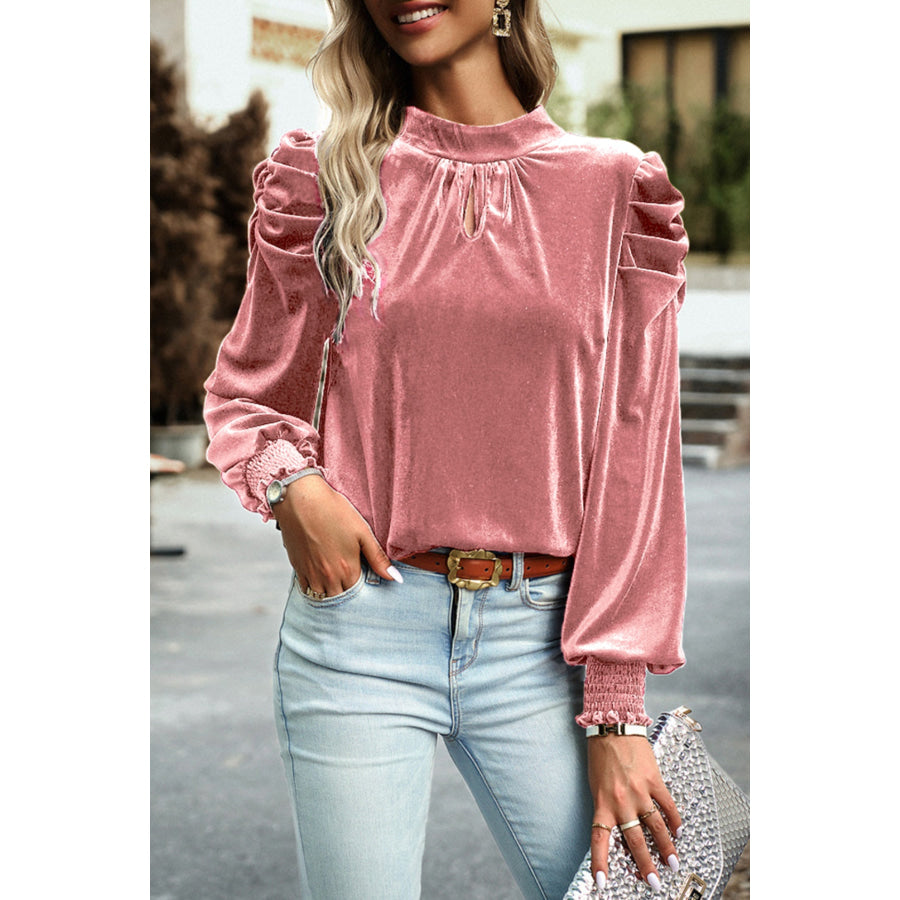 Tie Up Mock Neck Velvet Fabric Long Sleeve Blouse Dusty Pink / S Apparel and Accessories