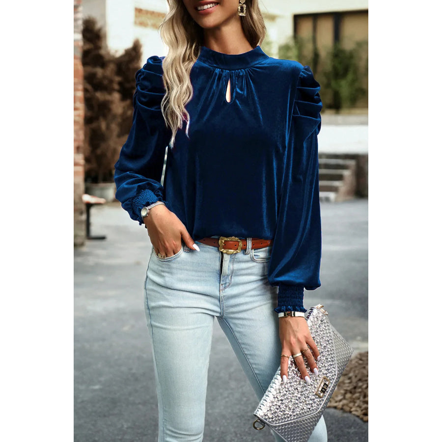 Tie Up Mock Neck Velvet Fabric Long Sleeve Blouse Navy / S Apparel and Accessories