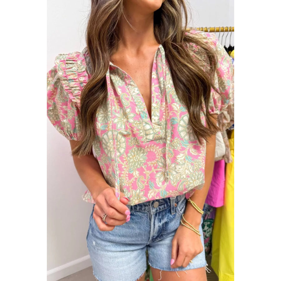Tie V Neck Floral Short Puff Sleeve Blouse Apparel and Accessories