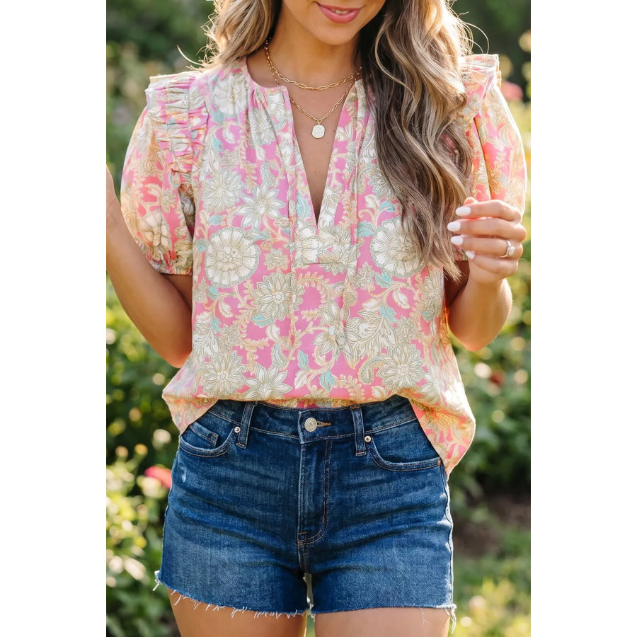 Tie V Neck Floral Short Puff Sleeve Blouse Apparel and Accessories