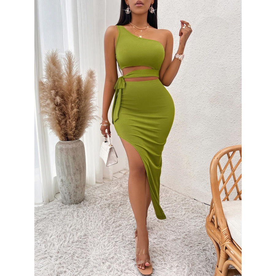 Tie Waist Asymmetrical Midi Dress Lime / S