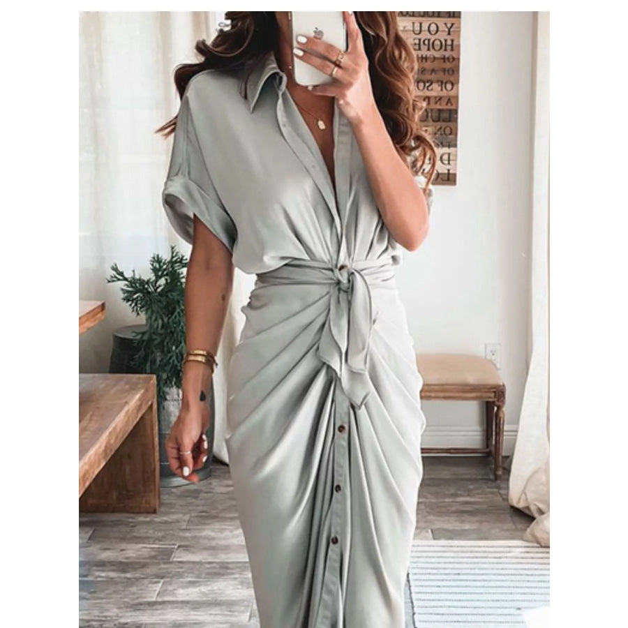 Tie-Waist Button-Down Midi Dress Light Gray / S Apparel and Accessories